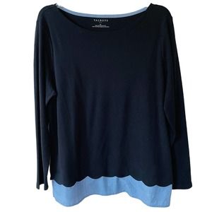 Talbots Size XL Faux Shirt Scallop trim Boat neck Navy Blue Pullover